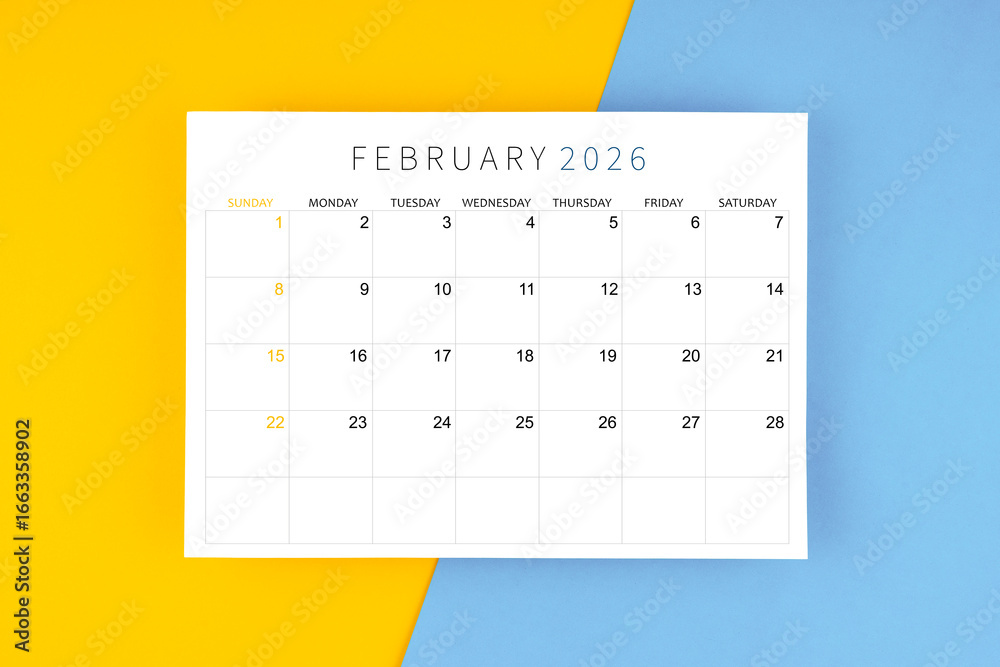 Yellow Febuary February 2026 calendar page on yellow and blue color background. の ...