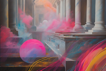 Wall Mural - Surreal scene with classical columns and colorful spheres in artistic mist, ideal for conceptual art and luxury ads, generative Ai