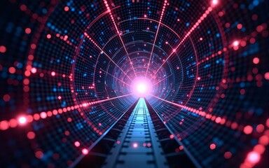 Abstract tunnel wireframe structure. Colorful geometric universe or space grid wallpaper. Futuristic energy lines on dark background. Funnel or vortex texture for banner or poster. Vector concept