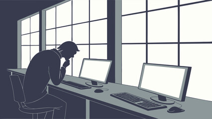Man Contemplating Computer Screen in Office.