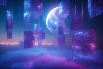 Wall Mural - Futuristic city illuminated by a giant moon in starry sky, excellent for sci-fi and tech branding, generative Ai
