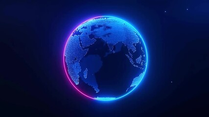 A digital rendering of earth with blue continents and a pink and blue outline glow