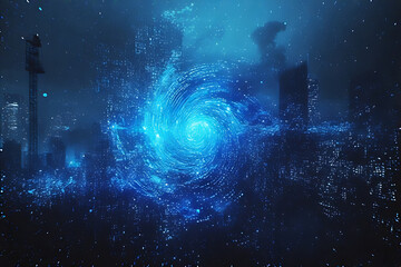 Wall Mural - Blue galaxy above dark city with speed effect, excellent for sci-fi and digital branding, generative Ai