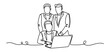© mamat - Continuous line art of a group of people in work suits working in front of laptops. Teamwork. Discussion about work. Vector illustration.
