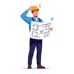 Construction conundrum: A construction worker, scratching his head in a moment of contemplation as he studies blueprints, the expression of architectural challenges