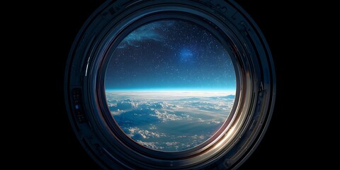 Wall Mural - Spaceship window view. Porthole from rocket to dark sky with Earth, stars, planets. Shuttle with round glass window. Spaceship exploration or universe traveling. Created with.