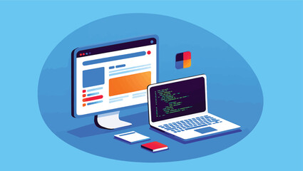 Modern web development workspace with monitor, laptop, and coding interface for digital projects