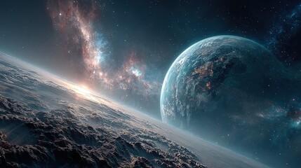 Cosmic vista; alien planet sunrise. Vast space; icy clouds; vibrant sunrise; a distant, vibrant blue planet