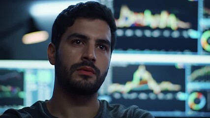 Focused Man in Gray Shirt Analyzing Financial Data On Computer Monitors In Dark Office
