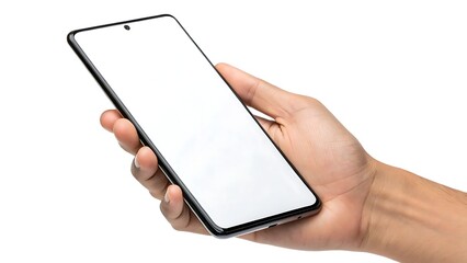 Hand showing smartphone with blank screen isolated.
