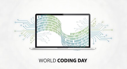 Minimalist flat vector illustration of laptop screen with binary code and circuit patterns