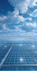 Vast array of solar panels stretches to a brilliant sky