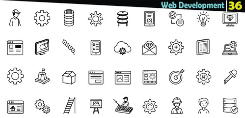 Collection of black outline web development and technology icons on white background vector