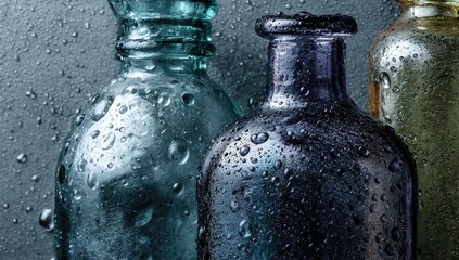 Three vintage bottles, wet with water droplets, close-up
