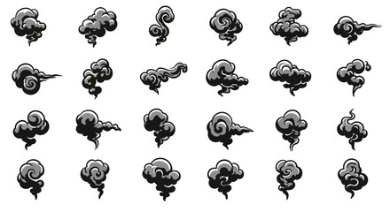 Stylized black and white smoke cloud icons for creative designs