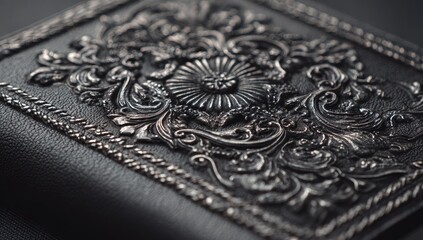 Close-up of black leather wallet with ornate embossed metalwork.  Detailed, elegant, and intricate designs in dark gray metal create a decorative pattern