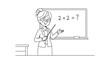 © Murs - Black and white line drawing of a smiling female teacher with glasses pointing to a math problem on a blackboard.