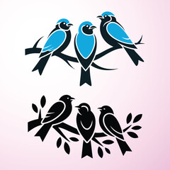 birds sitting on a tree branch vector illustration with flowers and leaves