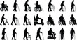 © Sihab Creatives - Silhouettes of elderly individuals using mobility aids including wheelchairs, walkers, canes, and scooters for accessibility and healthcare design