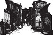 © Orion Draw - Monochrome woodcut illustration of a deprived neighborhood with