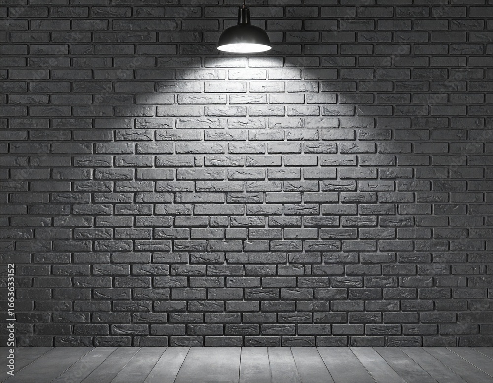 Dramatic spotlight illuminating a textured dark brick wall with a ...