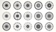 © jakiyo - Twelve intricate, black-line designs of circular patterns, resembling wheel spokes, radiate from a central point on a white background.
