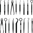 © Bashar - Dental Instruments Silhouette Collection, orthodontic, dental implant tools svg, dental mirror, probe, college tweezer, dental scaler icons