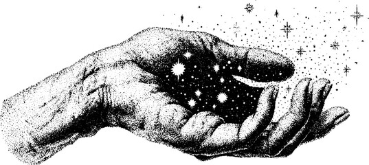 Wall Mural - Surreal cosmic hand with stars and stippling design concept for art and tattoos