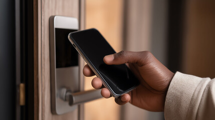 Close up a hand of a person using a smartphone to unlock smart door with digital screen for easy and secure entry. Modern security technology and mobile access solutions
