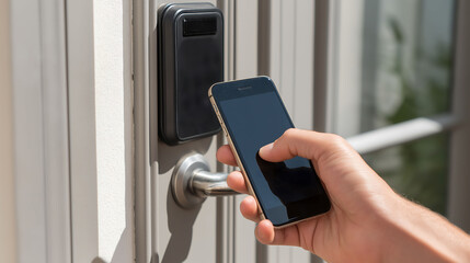 Close up a hand of a person using a smartphone to unlock smart door with digital screen for easy and secure entry. Modern security technology and mobile access solutions
