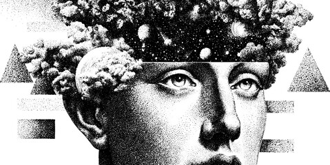 Wall Mural - Surreal stippling artwork of a conceptual head with cosmic elements for creative design
