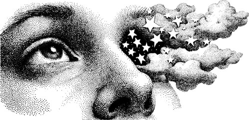 Wall Mural - Surreal face with starry clouds stippling design for artistic concepts