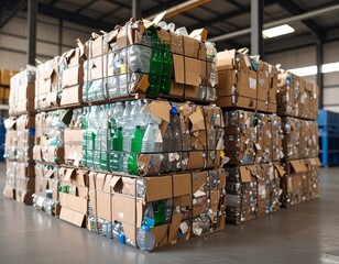 recycled materials stacked in bales, ready for processing at a recycling facility