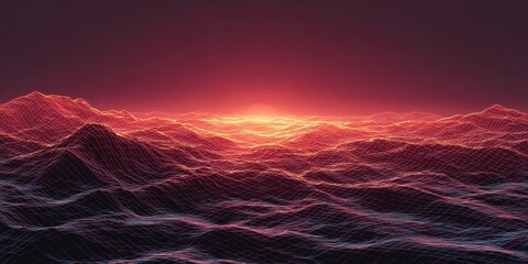 Wall Mural - 3D Animated Background of Retro Water Waves at Sunrise with Fiery Red Hues and Grid Technology
