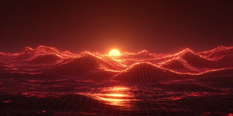 Wall Mural - Dynamic 3D Waves: Retro Sunset Animation with Fiery Red Grid Effects
