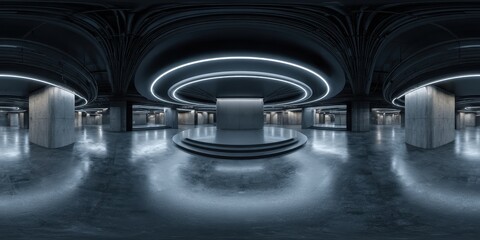 Wall Mural - 360-Degree Panorama of a Modern Architectural Design Studio: Futuristic Dark Interior with Product Showcase Podium in HDR