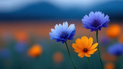 Wall Mural - A field of flowers with blue and orange flowers