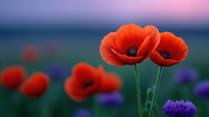Wall Mural - A field of red and purple flowers with a single red flower in the foreground