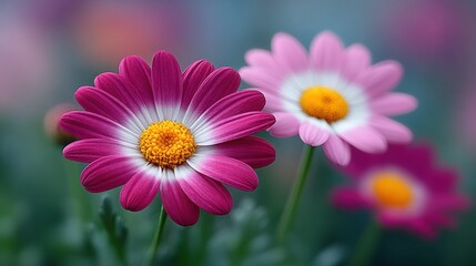 Wall Mural - Two pink and white daisies are in a field