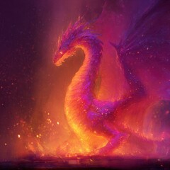 Wall Mural - Vibrant Dragon in Enchanted Flames and Mist: A Fantasy Illustration of a Mystical Creature
