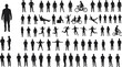 © Best_Design - Diverse People Silhouette Collection, Vector Set Featuring Men and Women in Various Poses, including Walking, Running, Cycling, and Relaxing, Ideal for Urban Design and Lifestyle Illustrations.