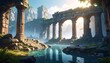 Sunlit Ruins of a Lost City, Ancient Columns and Water Reflecting Light.