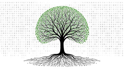 Digital Tree of Life with Binary Code Background and Intricate Root System.