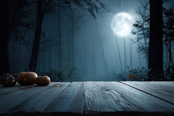 Wall Mural - Eerie Setup: Wooden Table Amidst a Spooky Forest Under a Full Moon