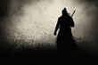 © Junior - Silhouette of a warrior with a flowing cape, holding a sword high, standing before a fiery battlefield, powerful and heroic,