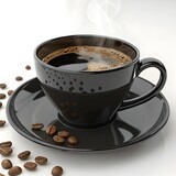 Coffee, coffee in a black cup on a black saucer, light falling on it from an angle making it more visible and attractive, close-up shot, white background