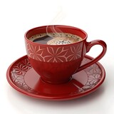 Coffee, coffee in a red cup on a red saucer, light falling on it from an angle making it more visible and attractive, close-up shot, white background
