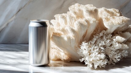 Wall Mural - Minimalist still life with metal beverage can and coral on marble surface