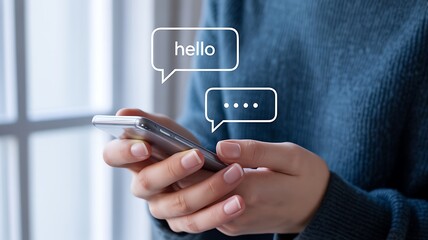 Person texting on smartphone with chat bubbles mobile phone
