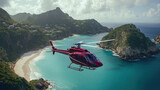 bright red helicopter soars above stunning coastline showcasing azure waters sandy beaches and green hills in captivating tropical destination during daylight.